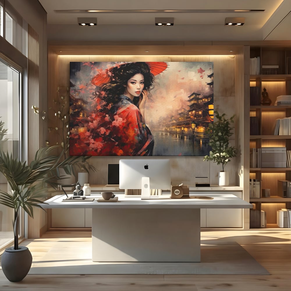 Tablou canvas cu tablou canvas cu gheisa in kyoto, fara rama, pe sasiu de lemn, pe perete intr-un birou